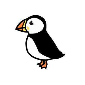 May include: A stylized digital illustration of a puffin bird shown in profile. The bird features a black back and wings, a white chest and face, a large orange and yellow beak, and small orange webbed feet, all outlined in a thick black line.