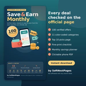 Pode incluir: Um folheto digital para a edição de novembro de 2026 do Save & Earn Monthly. Apresenta um smartphone, uma carteira vermelha e moedas de ouro. O texto inclui Every deal checked on the official page e 11 categorias codificadas por cores.