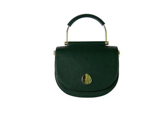 Genuine Leather Crossbody Bag | Forest Green Structured Purse with Gold Hardware