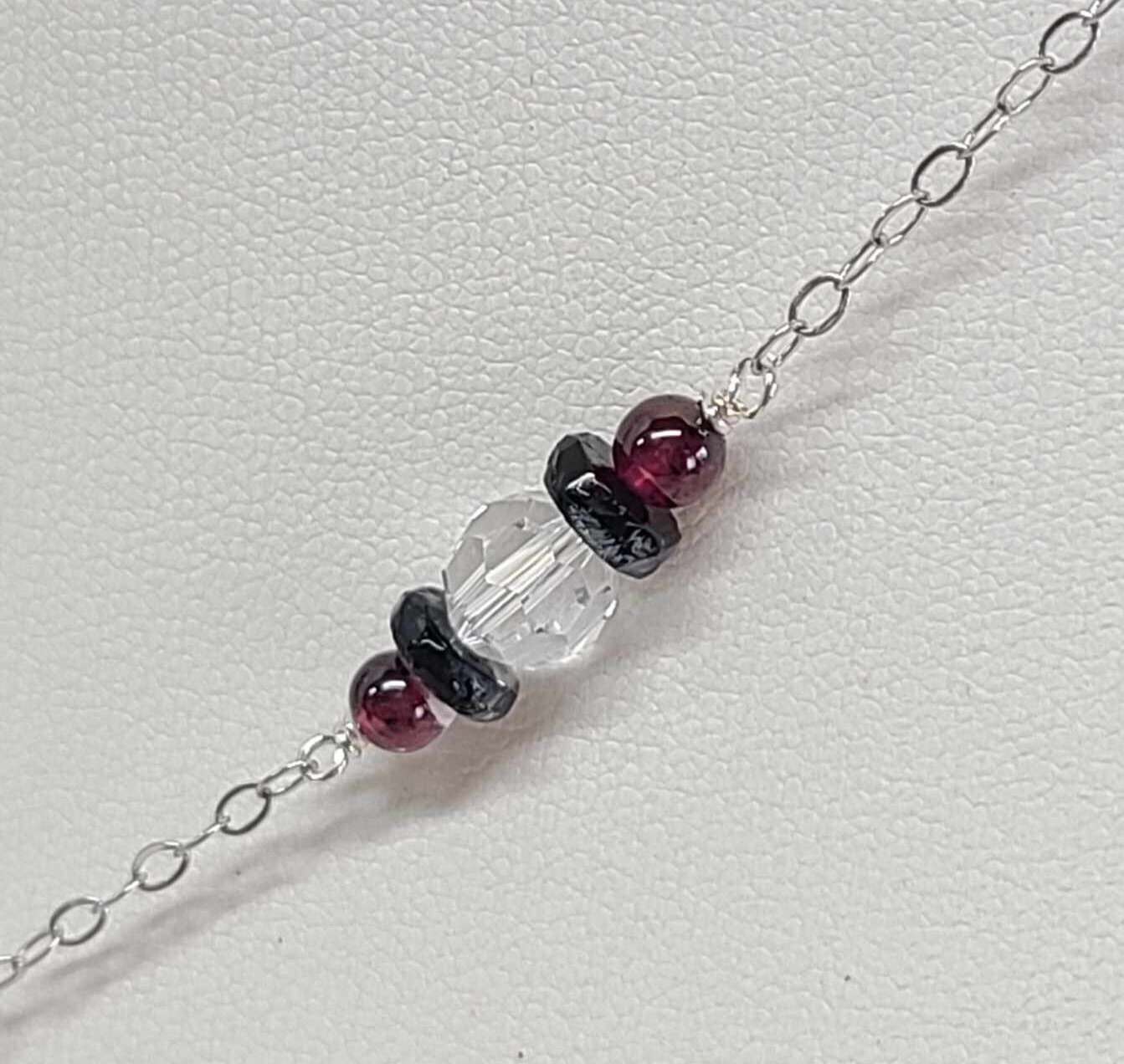 Art Deco Sterling Silver Rock Quartz Crystal Cranberry Garnet Lavalier Pendant Necklace - Thumbnail 6