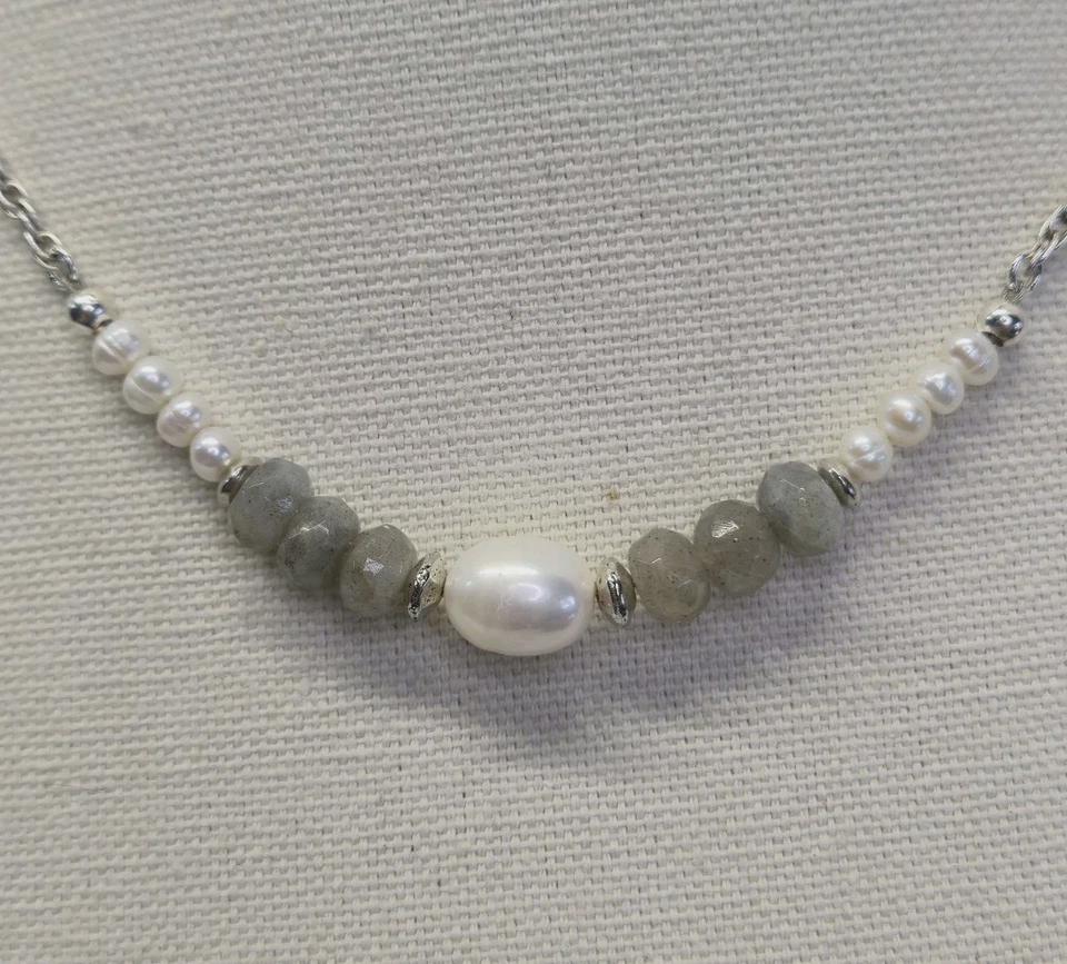 Labradorite Baroque Pearl Sterling Silver Fluid Rope Chain Adjustable Necklace - Thumbnail 2