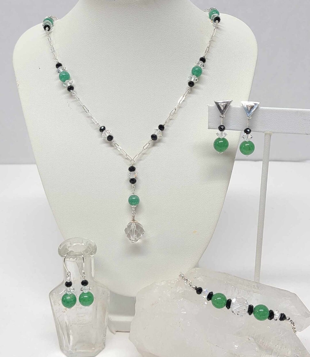 Sterling Silver Green Chrysoprase Geometric Dangle Earrings - Thumbnail 4