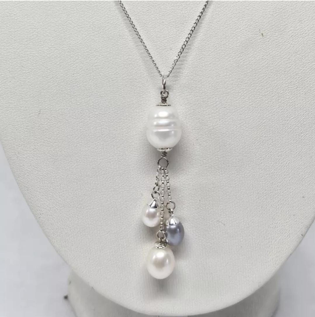 Sterling Silver White & Gray Pearl Tassel Pendant