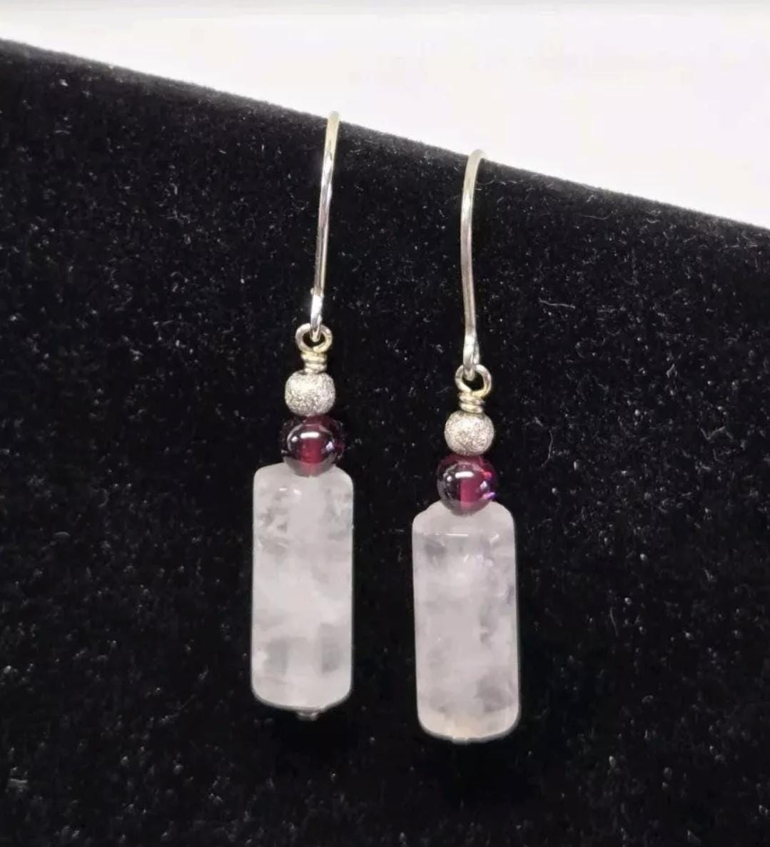 Rose Quartz & Garnet Sterling Silver Geometric Dangle Earrings Artisan Crafted in the USA - Thumbnail 2