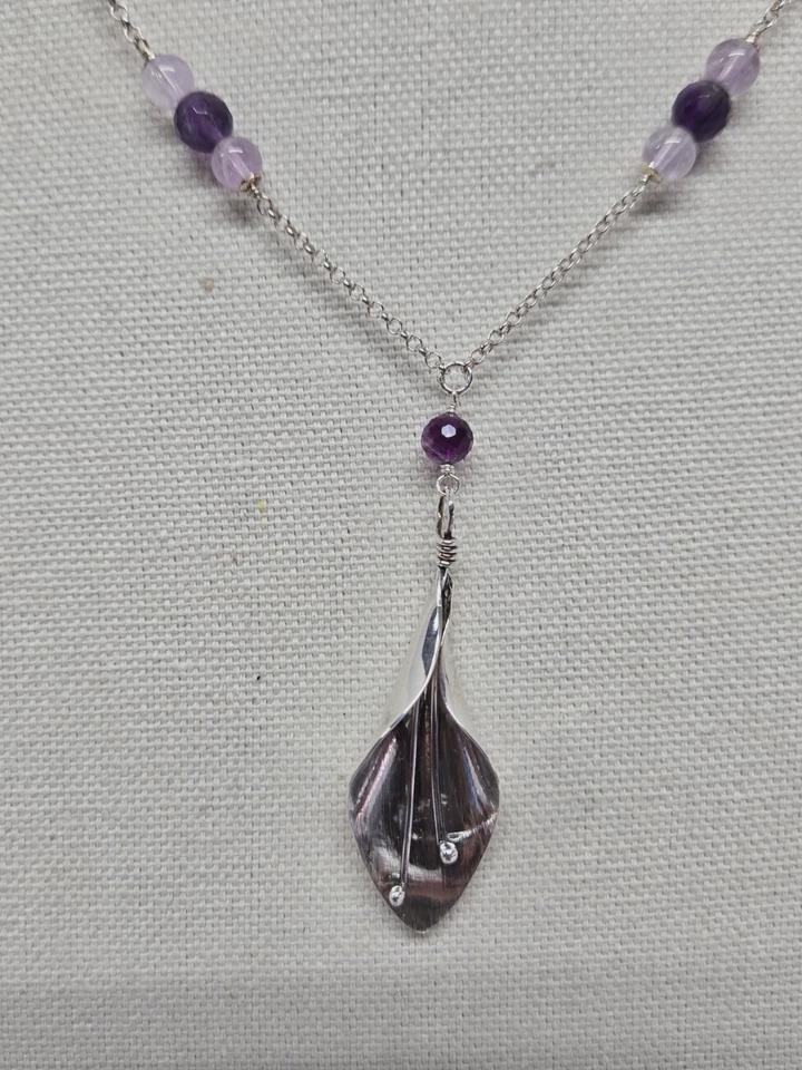 Vintage Sterling Silver Amethyst Calla Lily Lavalier Pendant Adjustable Rolo Chain Necklace - Thumbnail 5