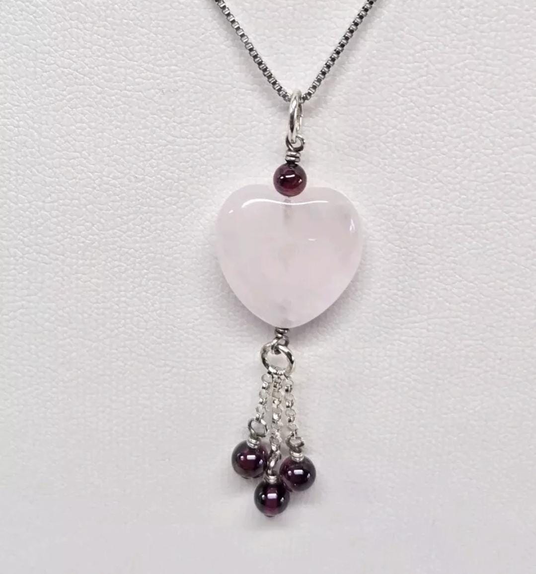 Sterling Silver Heart Shaped Rose Quartz Garnet Tassel Pendant