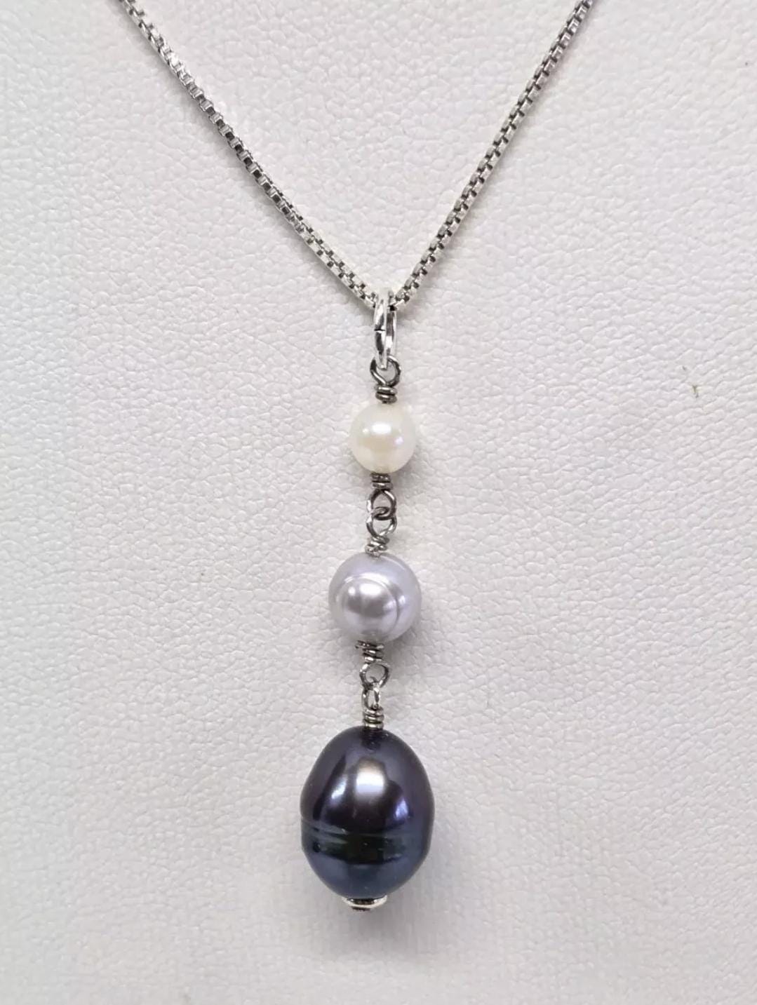 Sterling Silver 925 White Black & Gray Pearl Pendant Necklace Artisan Made in the USA