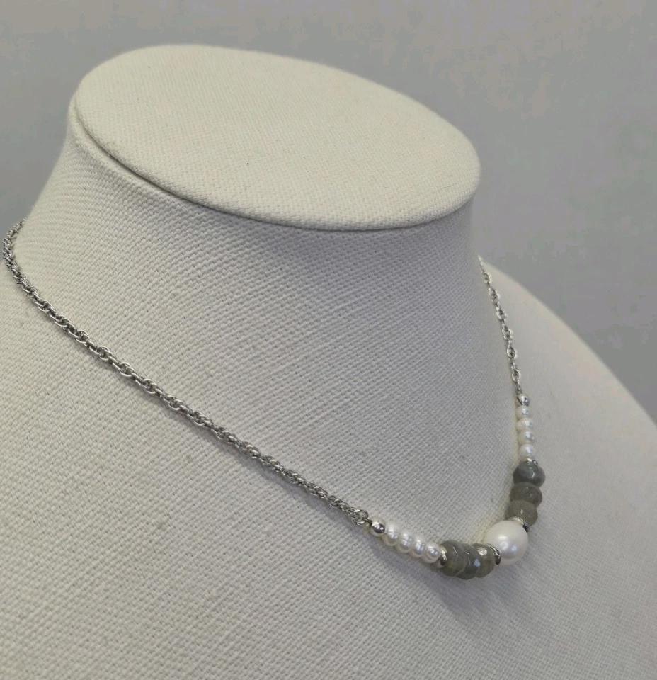 Labradorite Baroque Pearl Sterling Silver Fluid Rope Chain Adjustable Necklace - Thumbnail 5