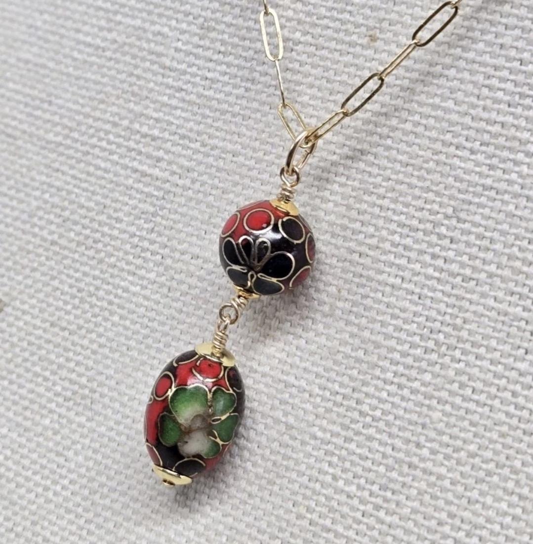 Vintage Upcycled Art Deco Asian Red Enamel Cloisonne 14k GF Lavalier Pendant - Thumbnail 3