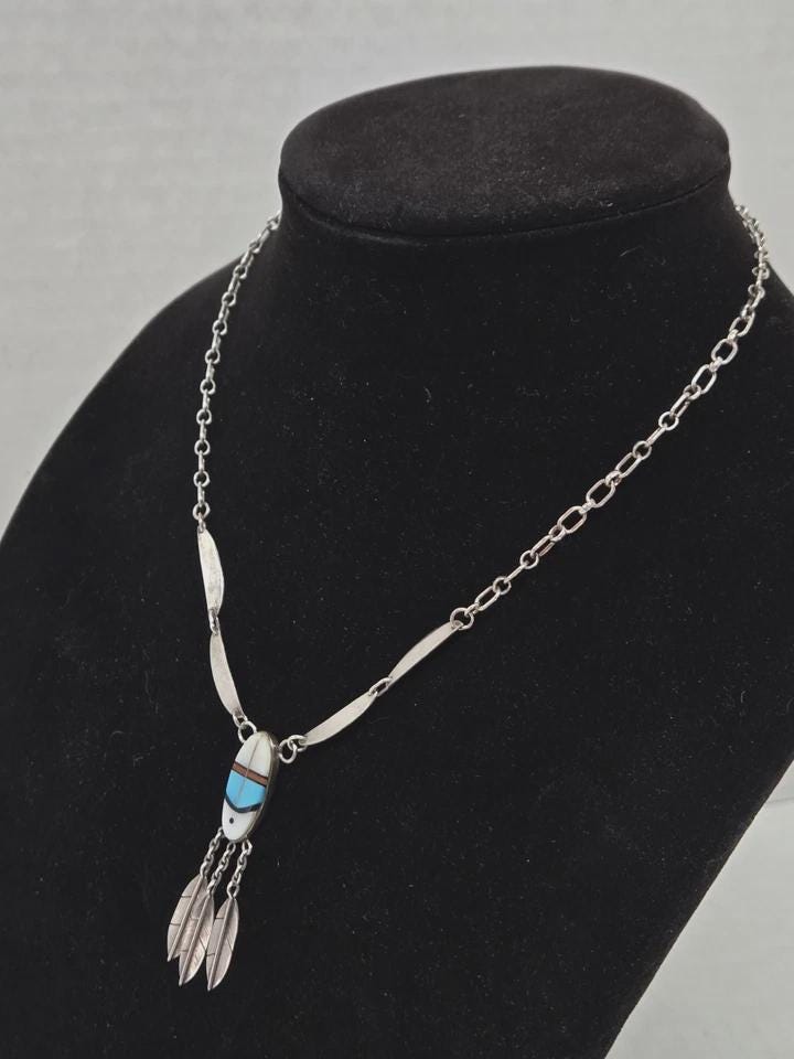 Vintage Zuni Southwest Inlay Multi-Stone Sterling Silver Feather Necklace - Thumbnail 4