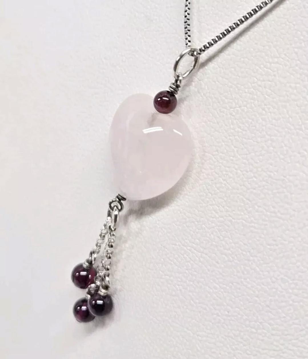 Sterling Silver Heart Shaped Rose Quartz Garnet Tassel Pendant - Thumbnail 2
