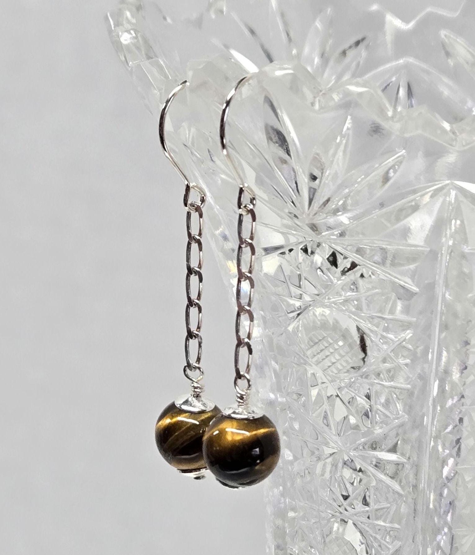 Sterling Silver Tiger's Eye Dangle Earrings - Thumbnail 2