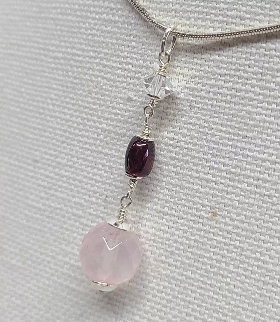 Rose Quartz Crystal Genuine Garnet Sterling Silver Pendant - Thumbnail 3