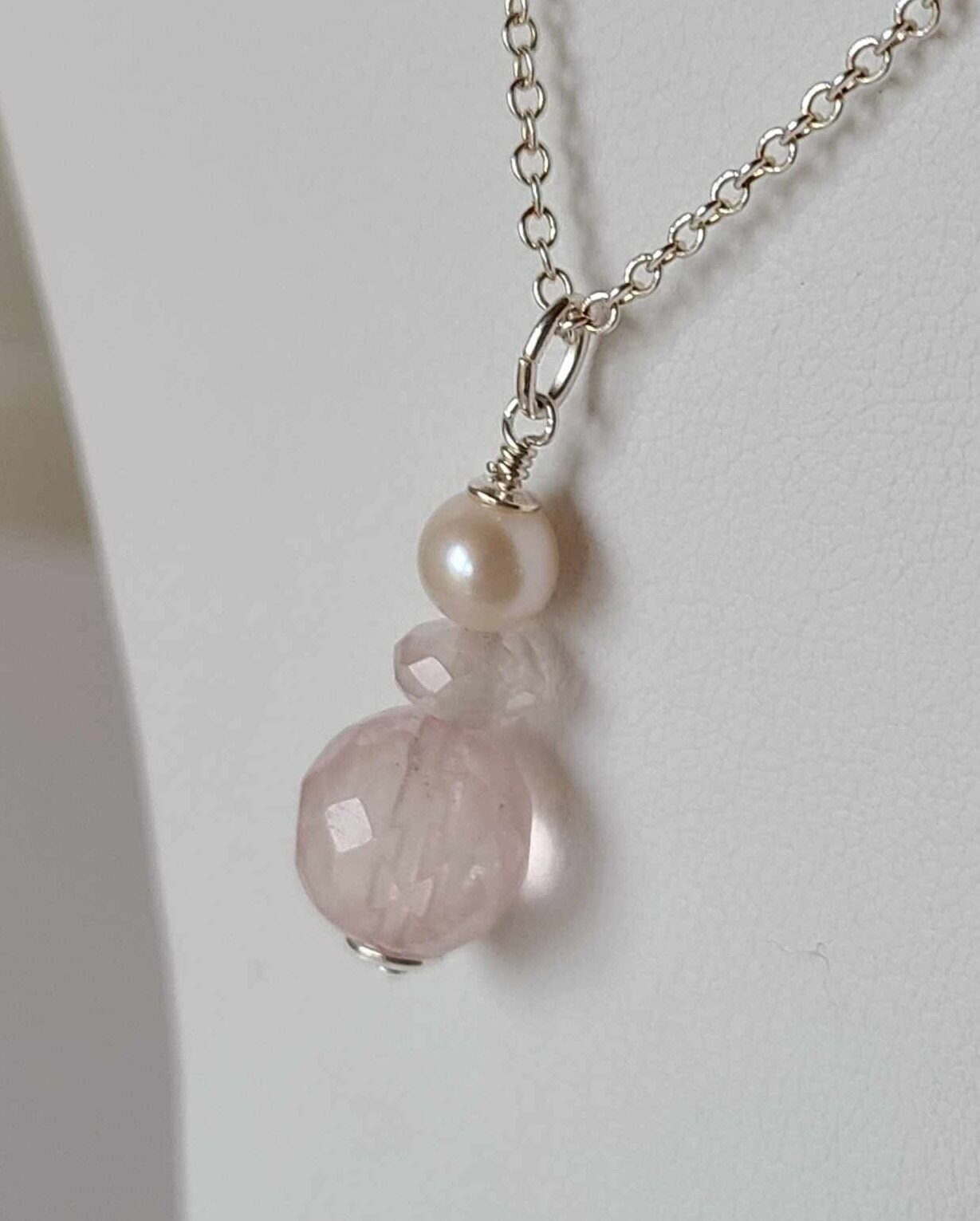 Sterling Silver Rose Quartz Freshwater Pearl Pendant - Thumbnail 2
