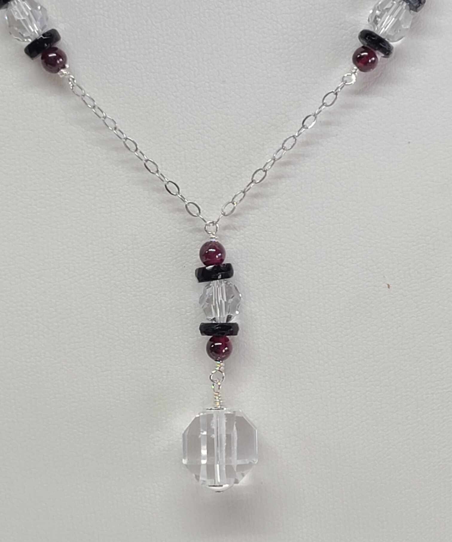 Art Deco Sterling Silver Rock Quartz Crystal Cranberry Garnet Lavalier Pendant Necklace - Thumbnail 3