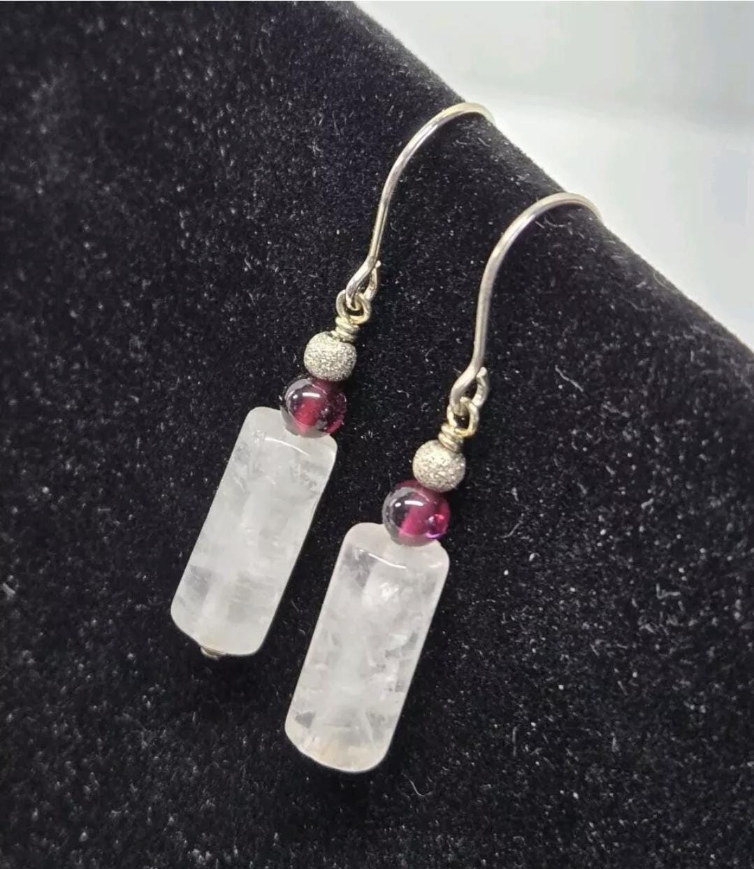 Rose Quartz & Garnet Sterling Silver Geometric Dangle Earrings Artisan Crafted in the USA - Thumbnail 3
