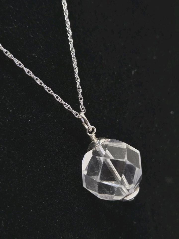 Artisan Sterling Silver Vintage Art Deco 16mm Rock Quartz Crystal Pendant Charm 18" Necklace - Thumbnail 3