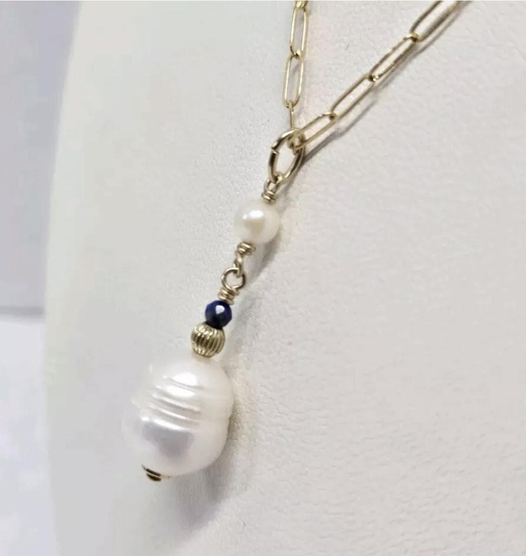 Baroque & Akoya Pearl Lapis Lazuli 14k GF Pendant Artisan Crafted in the USA - Thumbnail 2