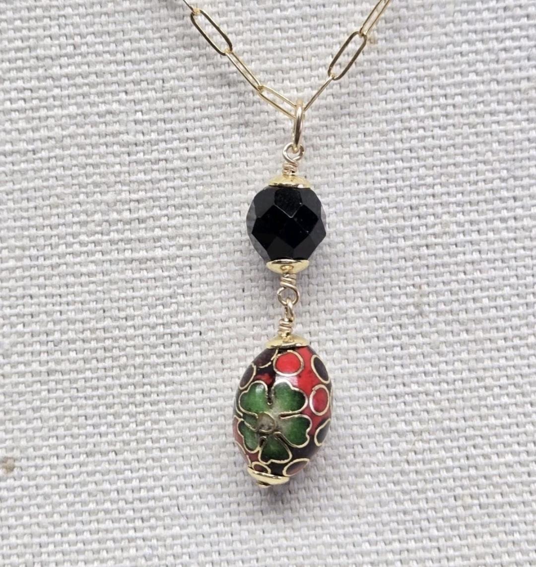 Vintage Upcycled Art Deco Asian Red Enamel Cloisonne Black Tourmaline Lavalier Pendant