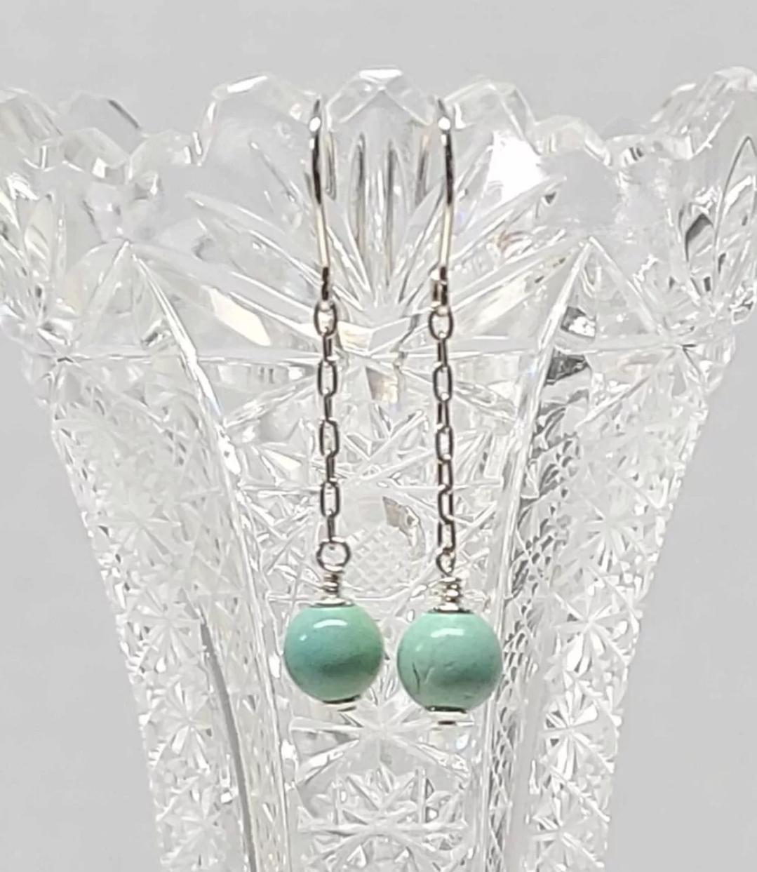 Sterling Silver & Vintage Turquoise Wrecking Ball Dangle Drop Earrings - Thumbnail 2
