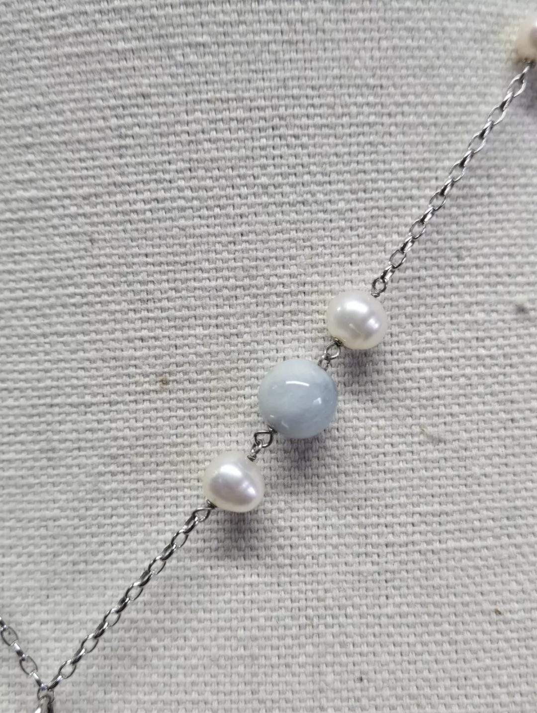 Milky Aquamarine Baroque Pearl Sterling Silver Pendant Necklace 63ct - Thumbnail 7