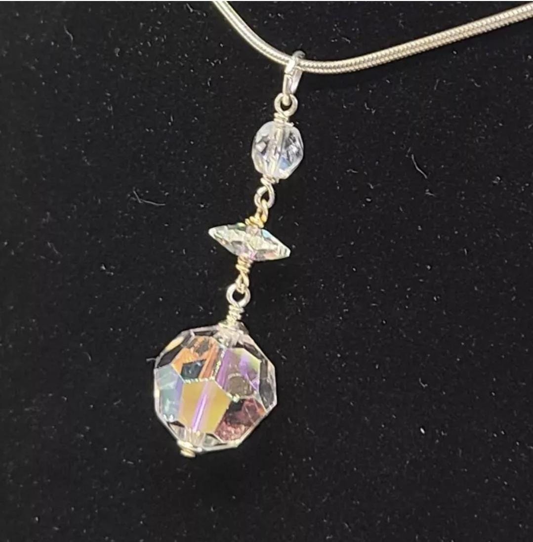 Upcycled Vintage Aurora Borealis Art Deco Sterling Silver Pendant - Thumbnail 4