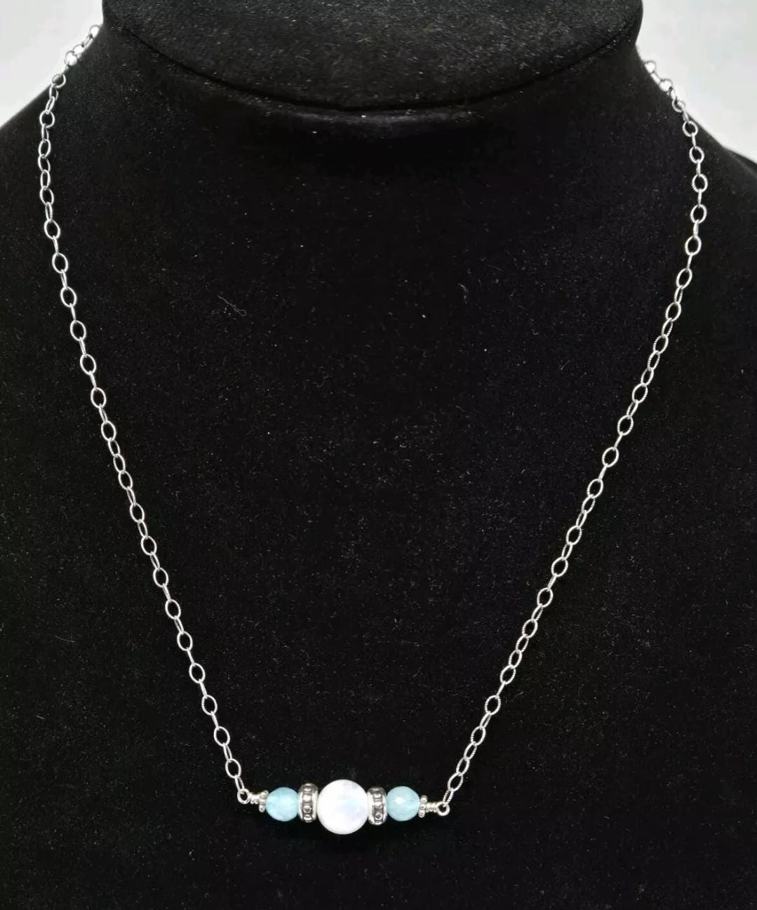 Blue Apatite Rainbow Moonstone Sterling Silver Bar Necklace 19" Adjustable - Thumbnail 2
