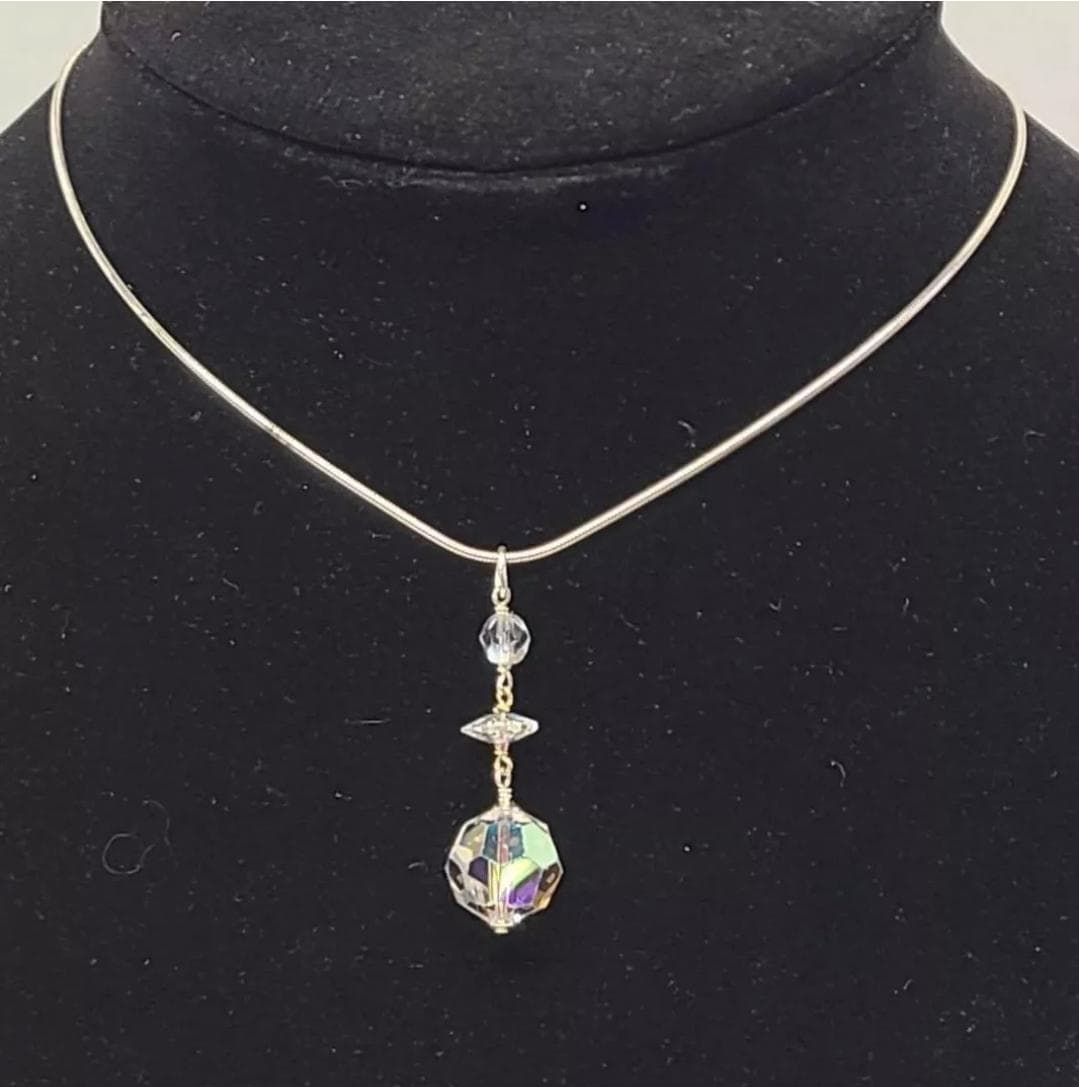 Upcycled Vintage Aurora Borealis Art Deco Sterling Silver Pendant