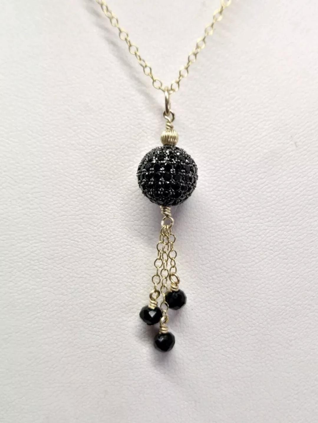 14k Yellow GF Black Spinel Pave Tassel Pendant