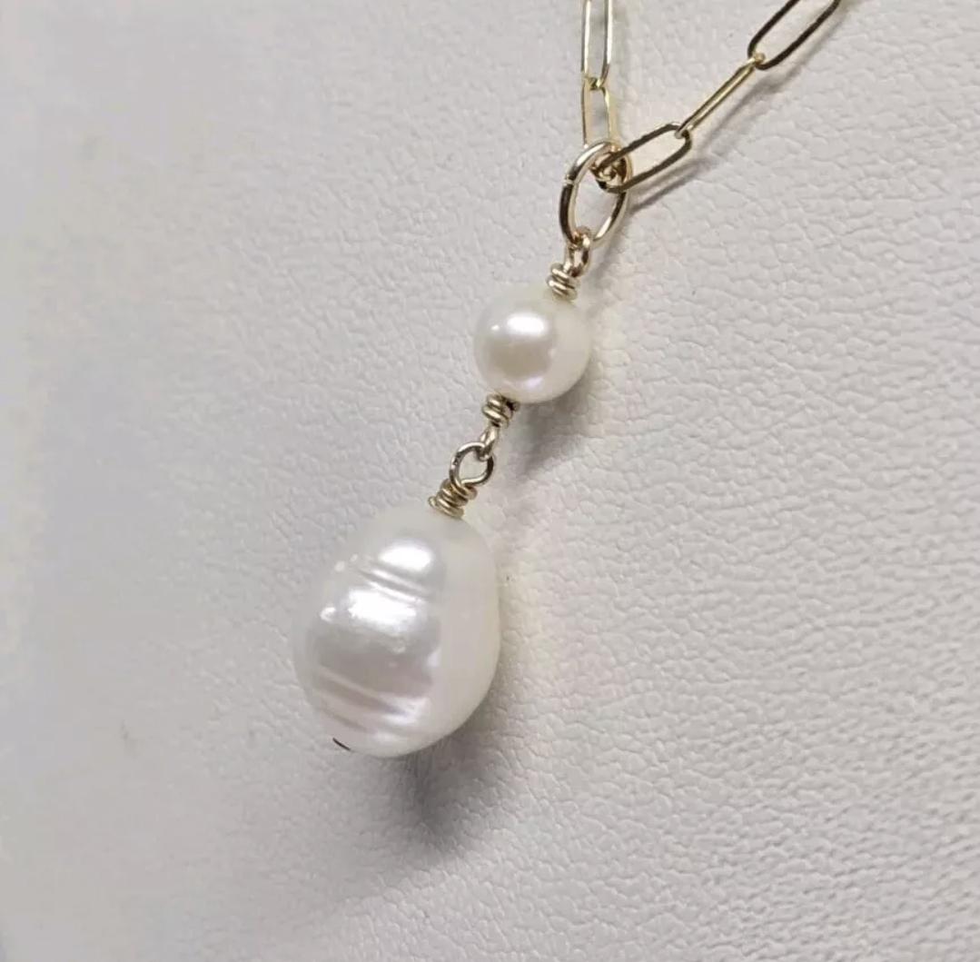 Artisan White Baroque & Akoya Pearl 14k GF Modern Pendant - Thumbnail 3