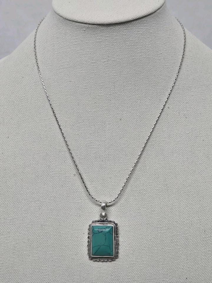 VTG 1990’s 925 Sterling Silver Turquoise Pendant with 20" Cardano Chain Necklace - Thumbnail 2