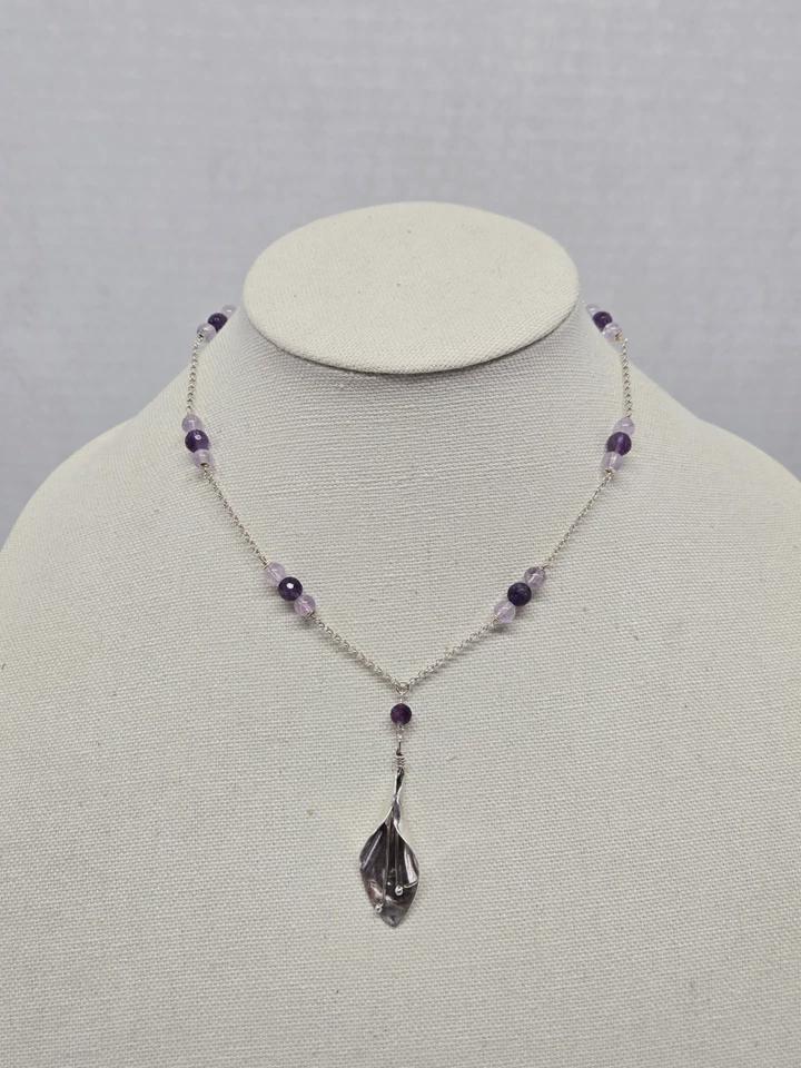 Vintage Sterling Silver Amethyst Calla Lily Lavalier Pendant Adjustable Rolo Chain Necklace - Thumbnail 4