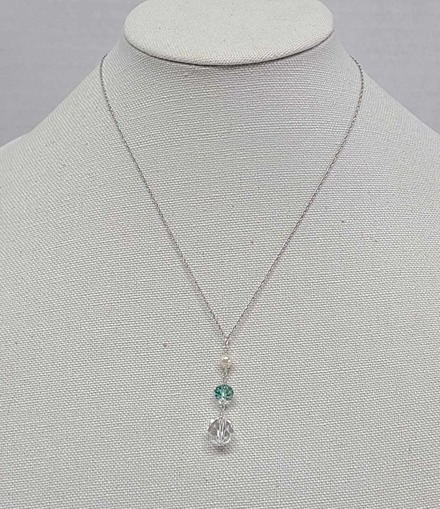 Sterling Silver Rock Quartz Crystal Freshwater Pearl Long Pendant - Thumbnail 3