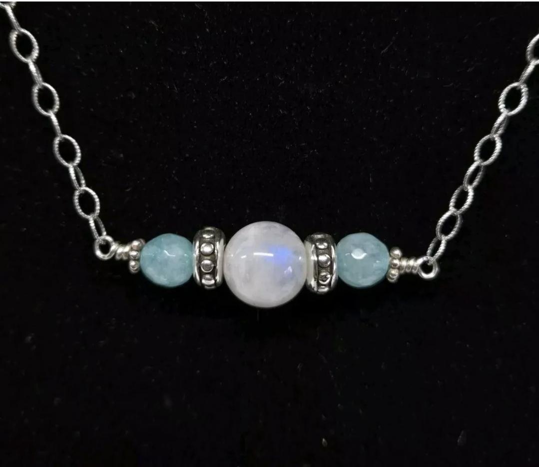 Blue Apatite Rainbow Moonstone Sterling Silver Bar Necklace 19" Adjustable