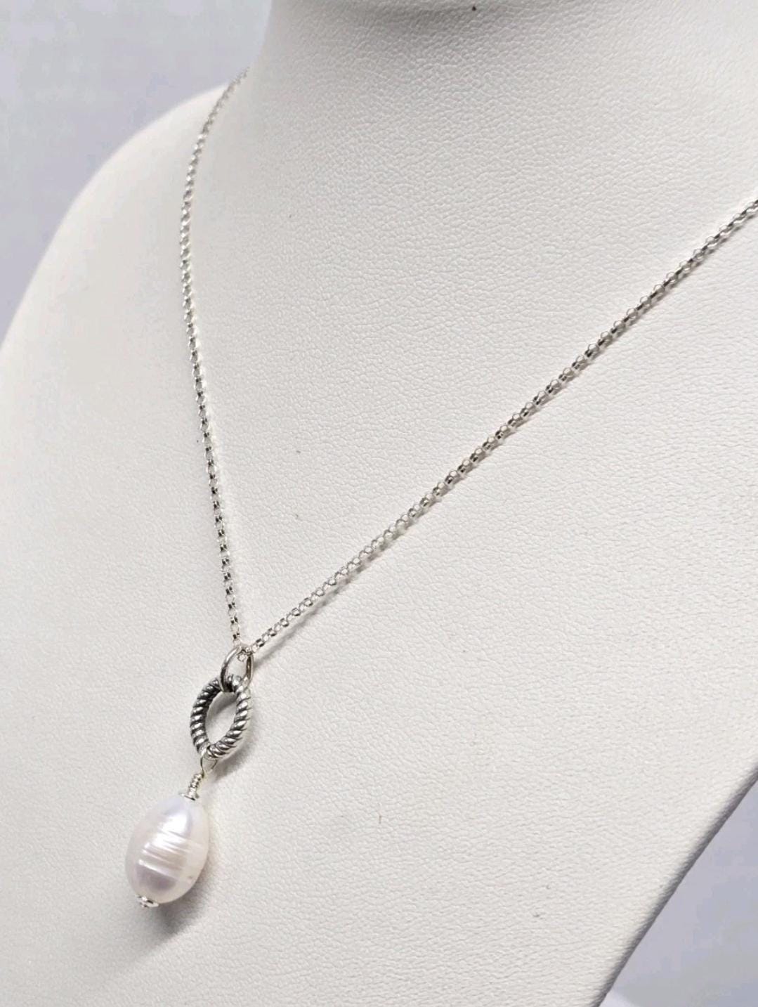 Artisan White Baroque Pearl Sterling Silver Pendant Necklace 18" Rolo Chain - Thumbnail 2