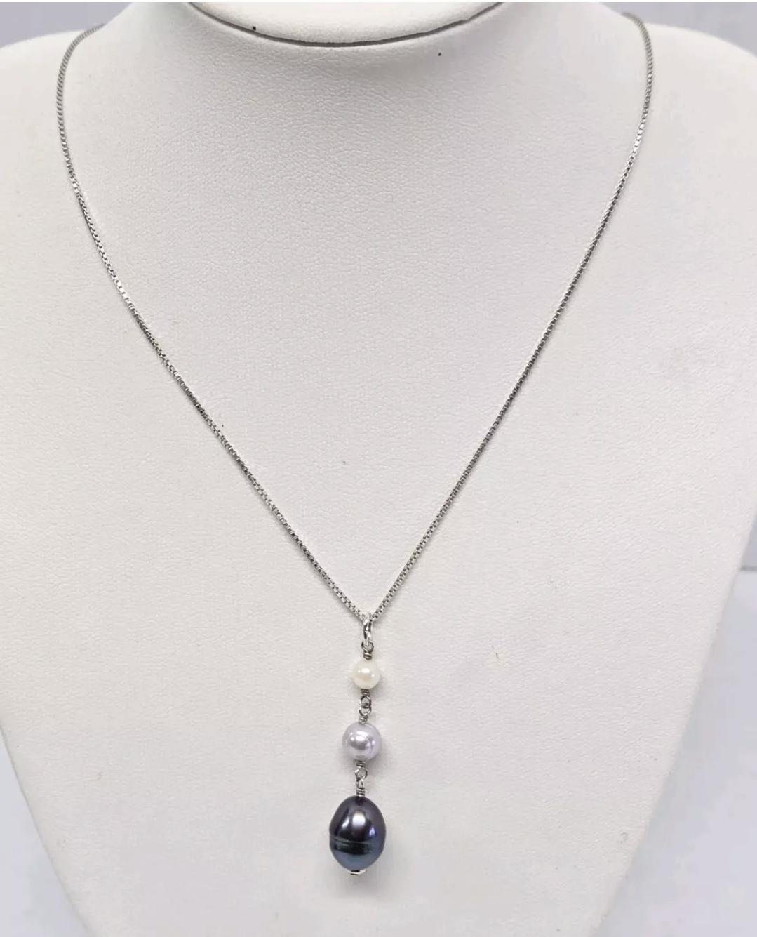 Sterling Silver 925 White Black & Gray Pearl Pendant Necklace Artisan Made in the USA - Thumbnail 2
