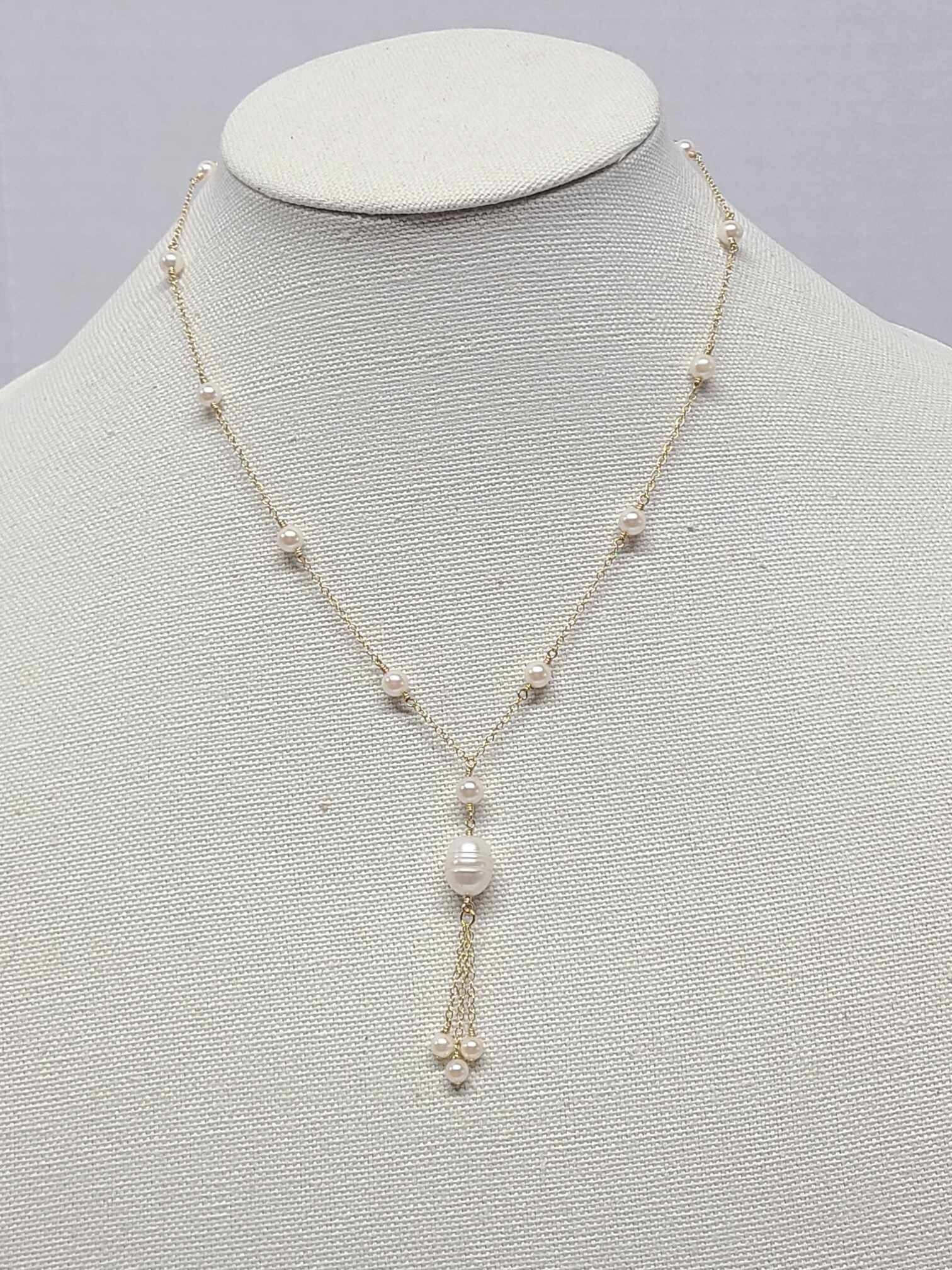 14k GF Baroque and Vintage Akoya Pearl Tassel Necklace