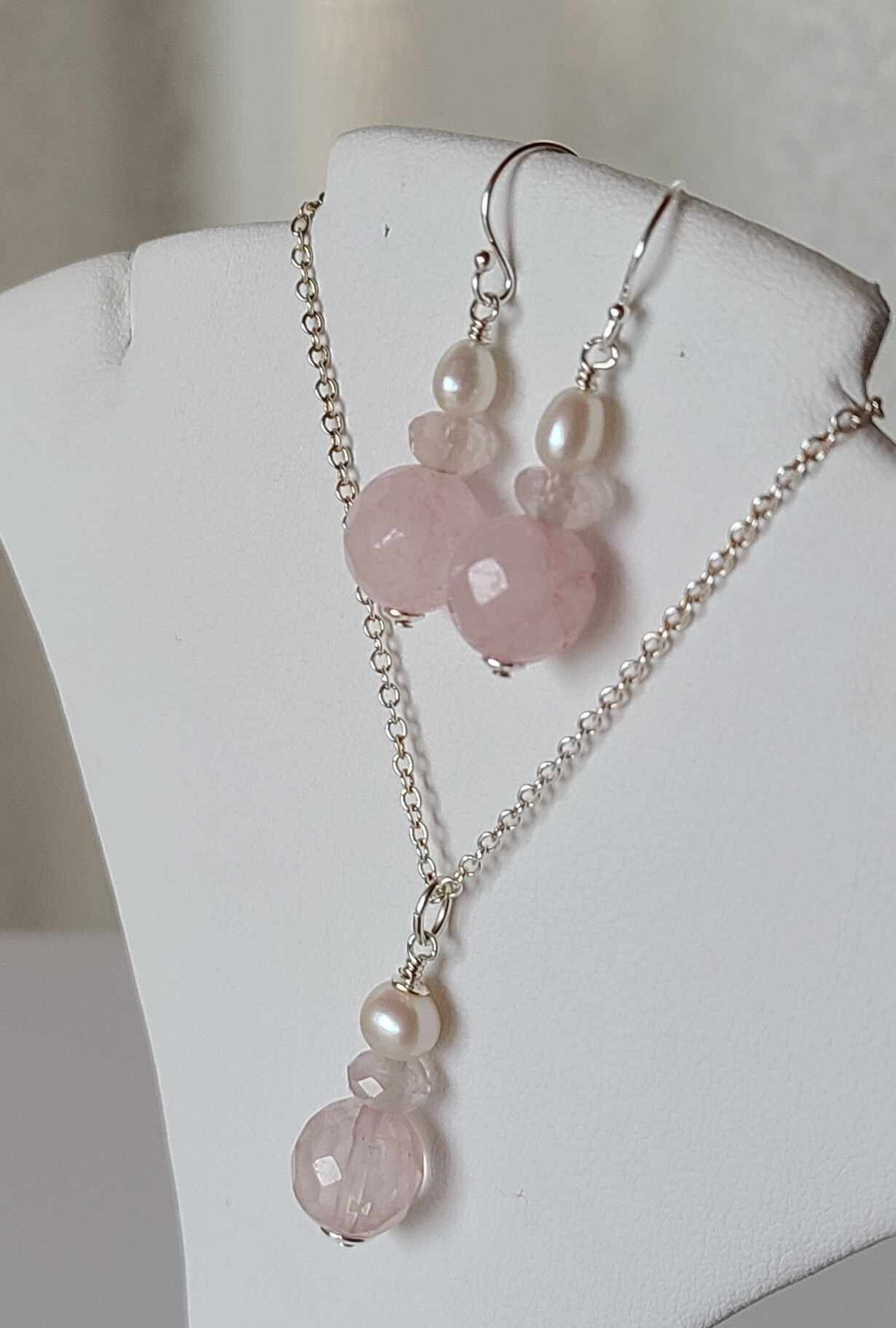 Sterling Silver Rose Quartz Freshwater Pearl Pendant - Thumbnail 3