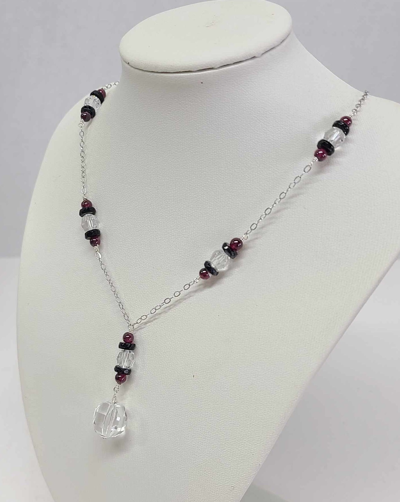 Art Deco Sterling Silver Rock Quartz Crystal Cranberry Garnet Lavalier Pendant Necklace - Thumbnail 2