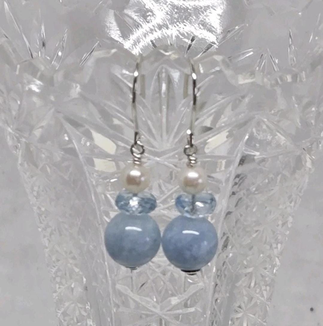 Sterling Silver Aquamarine Facted Sky Blue Topaz Pearl Dangle Earrings - Thumbnail 2