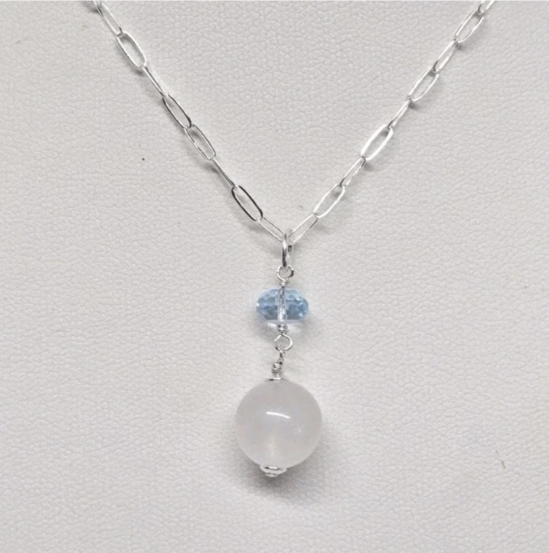 Sterling Silver Faceted Sky Blue Topaz & Blue Flash Moonstone Dangle Pendant
