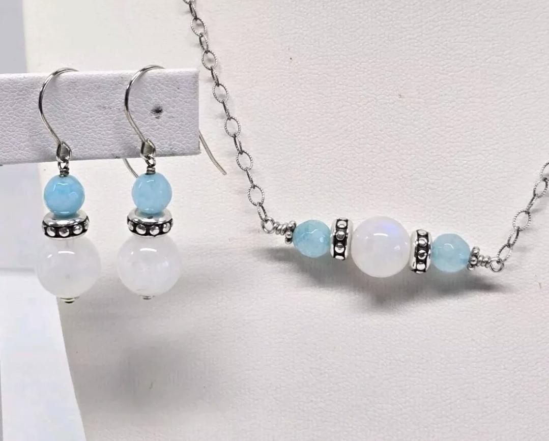 Blue Apatite Rainbow Moonstone Sterling Silver Bar Necklace 19" Adjustable - Thumbnail 6