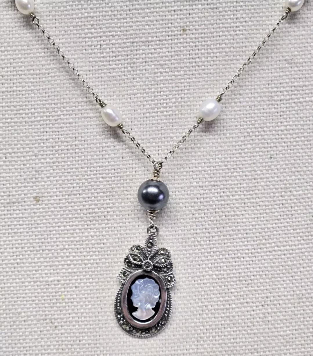 Sterling Silver Pearl Marcasite Cameo Lavalier 'Y' Pendant Necklace
