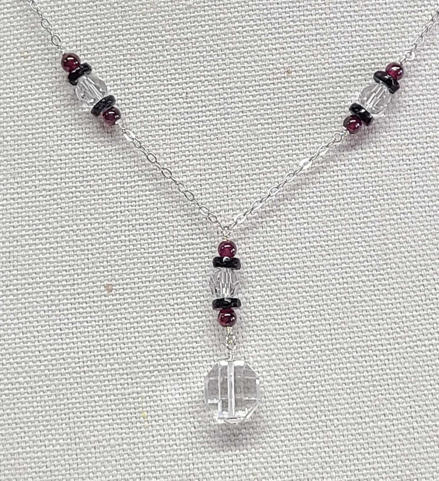 Art Deco Sterling Silver Rock Quartz Crystal Cranberry Garnet Lavalier Pendant Necklace - Thumbnail 5