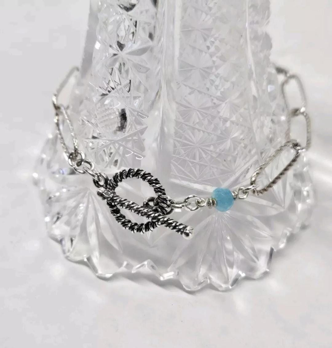 Moonstone Aqua Blue Apatite Sterling Silver Paperclip Toggle Bracelet - Thumbnail 4