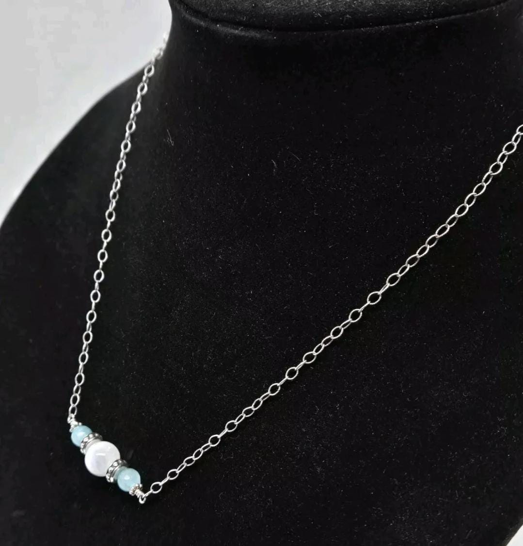Blue Apatite Rainbow Moonstone Sterling Silver Bar Necklace 19" Adjustable - Thumbnail 3