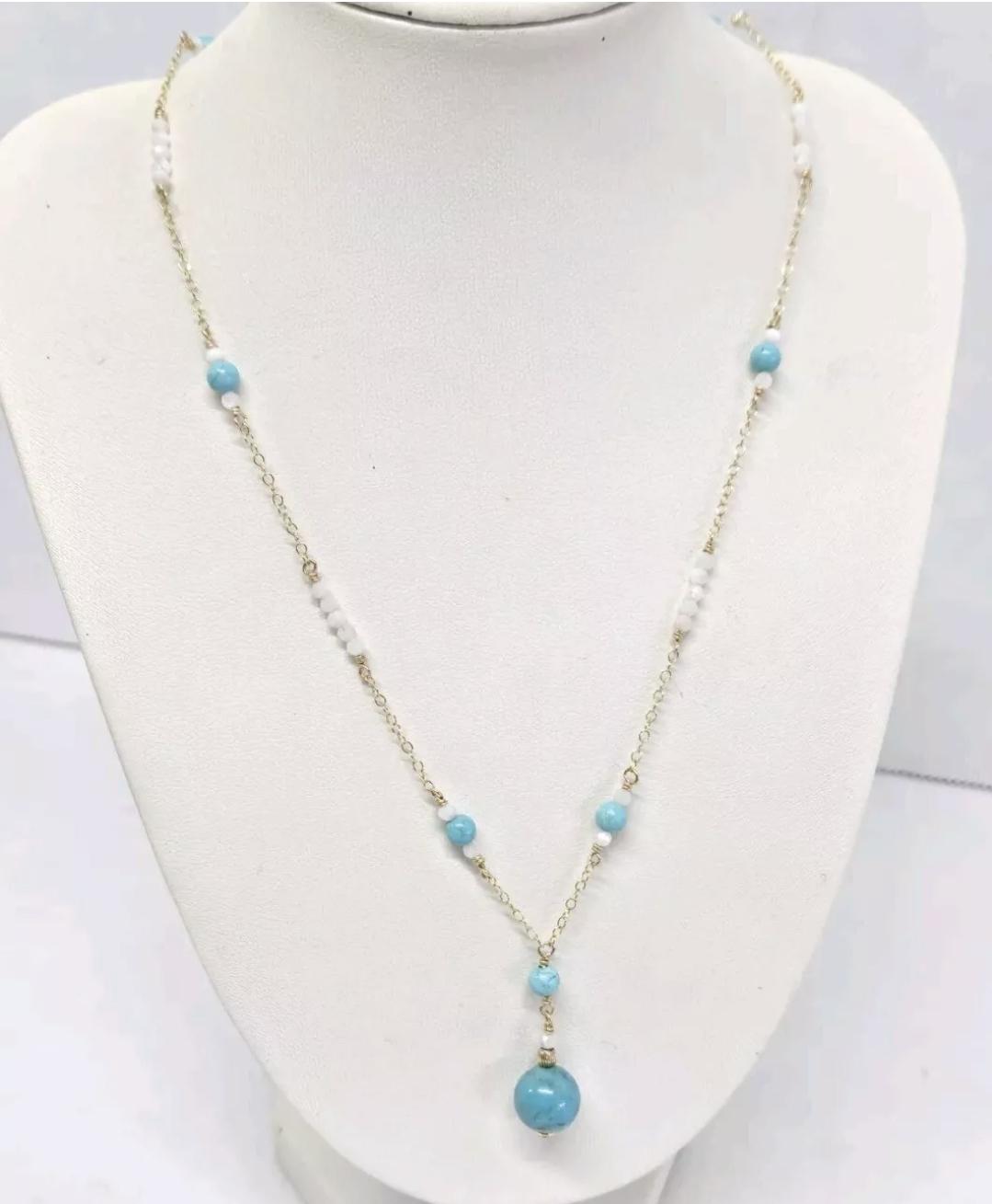 14k GF Turquoise Faceted Moonstone Lavalier 'Y' Pendant Necklace - Thumbnail 2