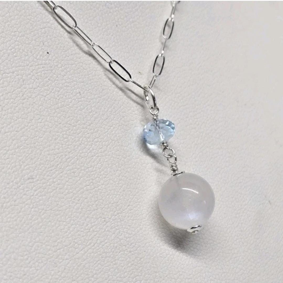 Sterling Silver Faceted Sky Blue Topaz & Blue Flash Moonstone Dangle Pendant - Thumbnail 3