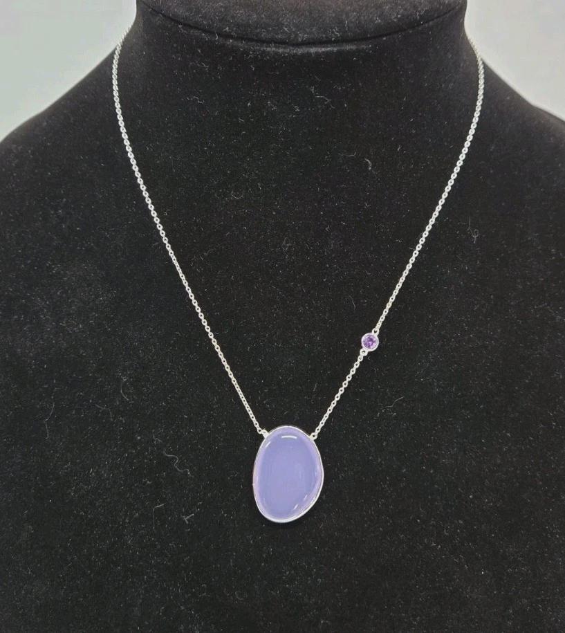 Modernist 925 SS Purple Chalcedony & Amethyst Stacking Layering Necklace 16-17" - Thumbnail 2