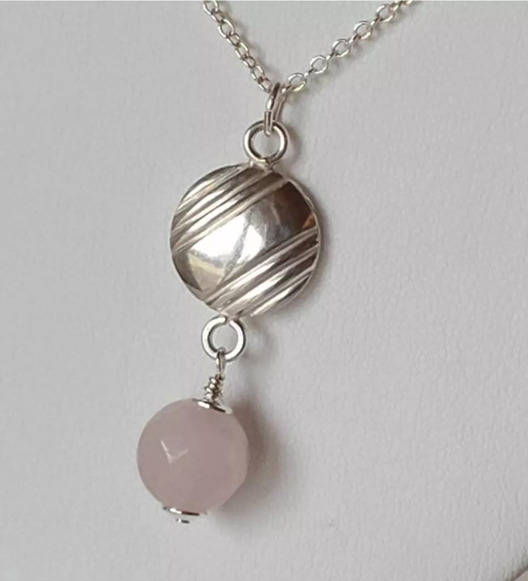 Upcycled Vintage Faceted Rose Quartz Sterling Silver Art Deco Pendant - Thumbnail 3